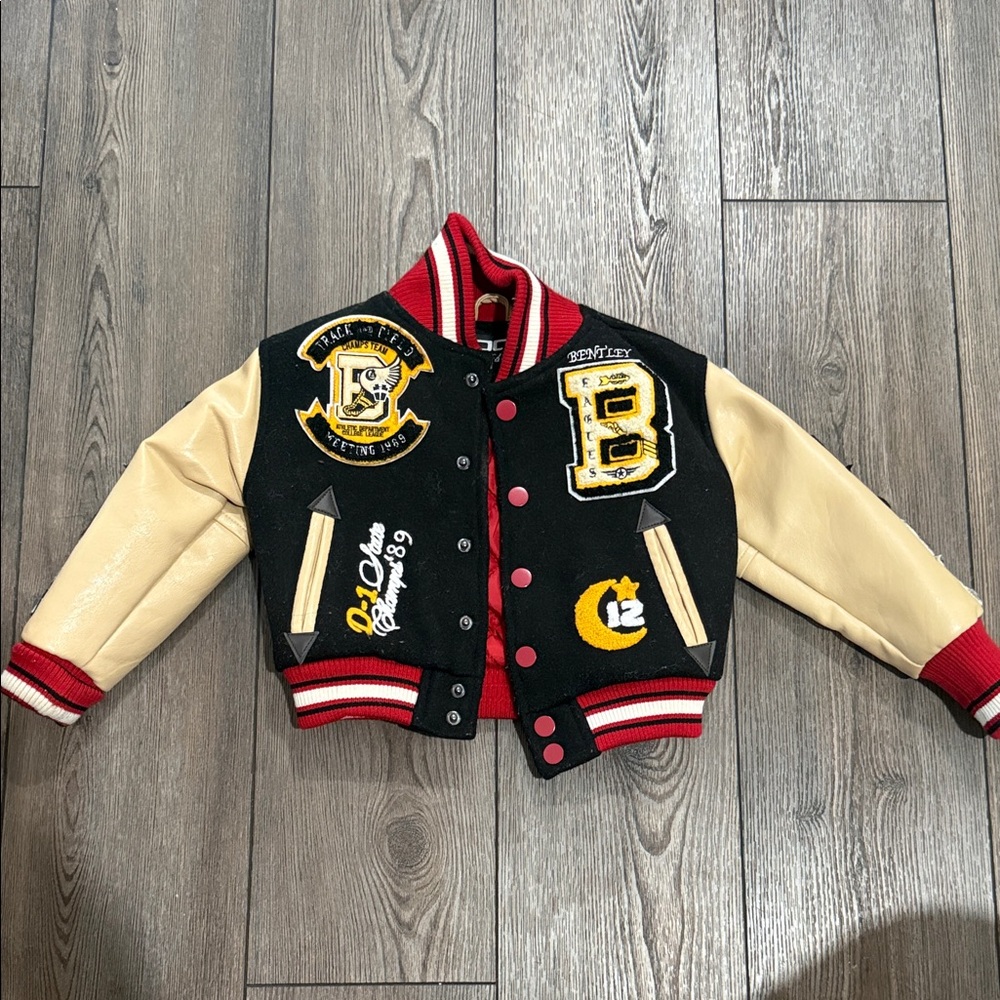 Kids Varsity Jacket with Patches - Black and Tan